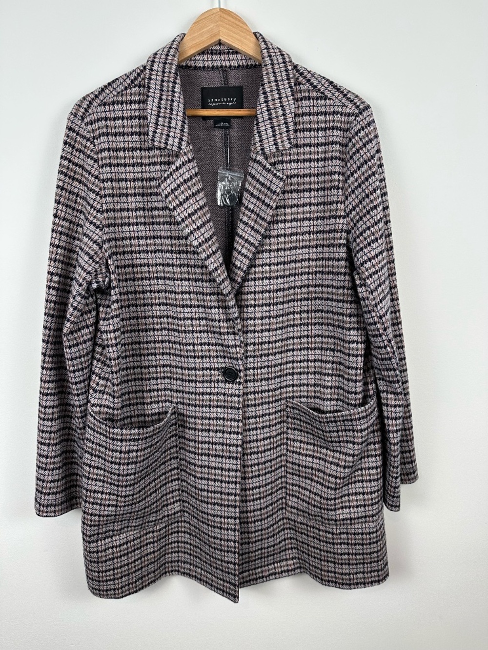 Sanctuary Plaid Houndstooth Longline Knit Blazer Jacket Pink Black L